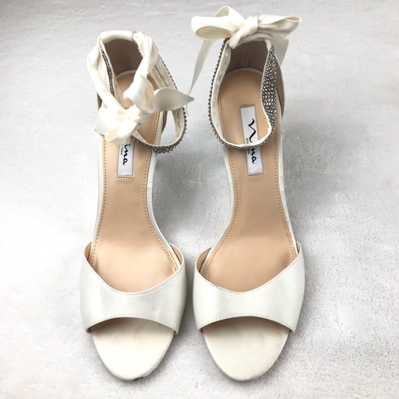 Nina ivory satin ribbon jeweled wrap around sandal - Picture 6 of 9